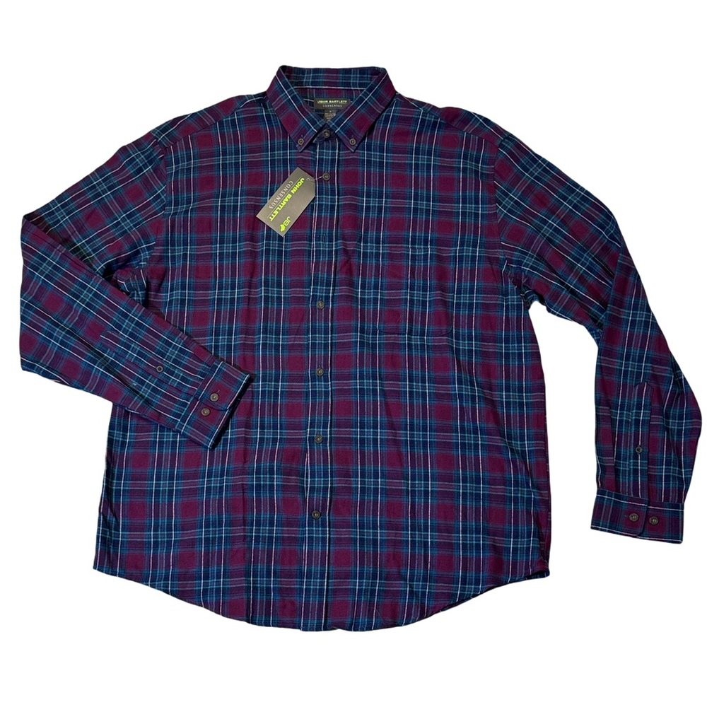 NEW John Bartlett mens L Large purple blue plaid flannel button up shirt NWT